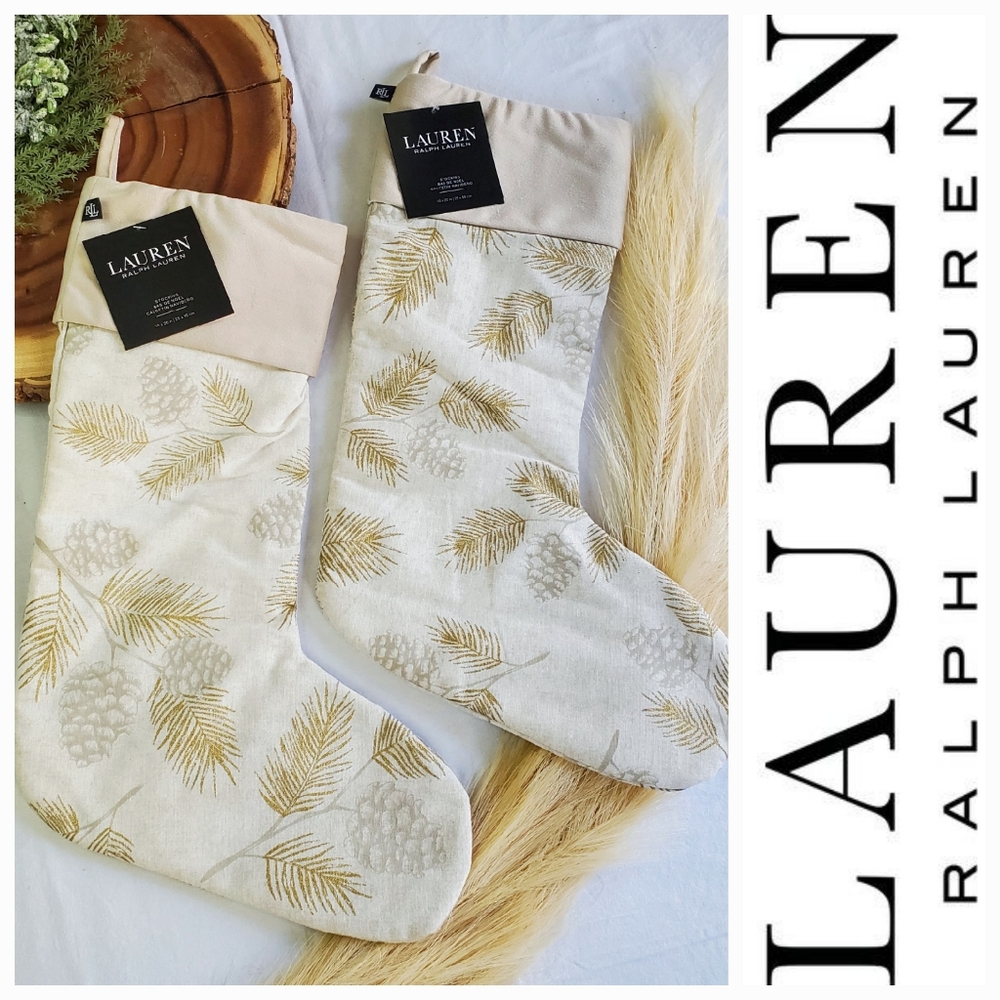 2 Pc Ralph Lauren Holiday Christmas Stocking Ivory Gold Metallic Pinecones